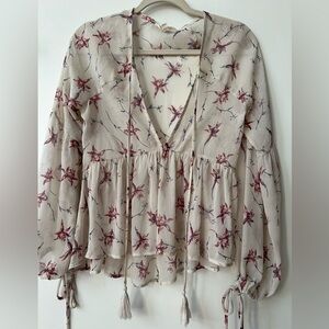 South Moon Under Sheer Feminine Floral Peasant Blouse in Pink and Cream Size XS